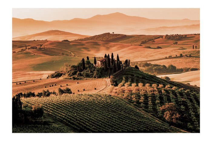 Toscaanse velden bij gouden zonsondergang