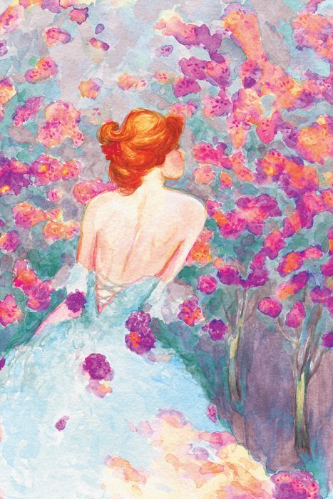 Een vrouw in een delicate aquarel met een bloemenmotief