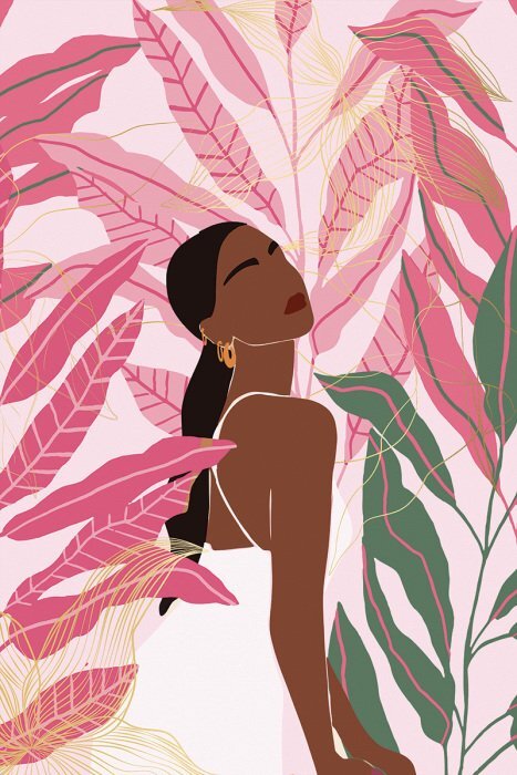 Portret van een vrouw in een witte jurk met roze bladeren op de achtergrond