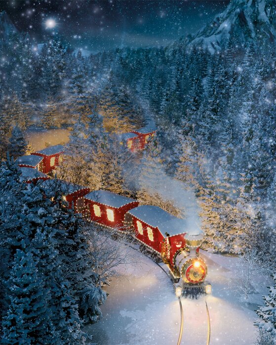Een magische trein tussen besneeuwde bomen