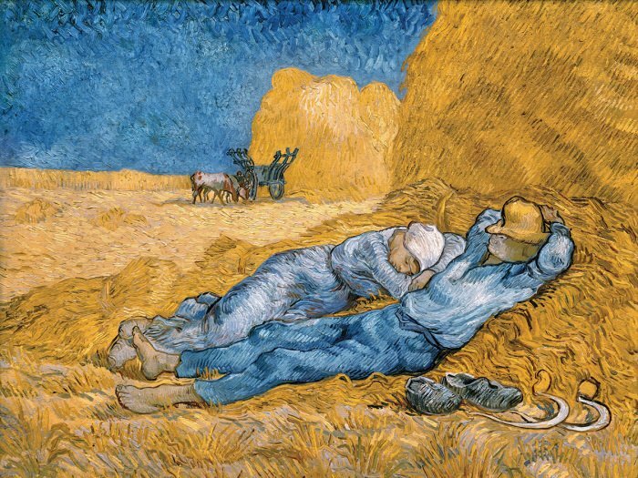 Een veldlandschap met boeren onder een blauwe lucht