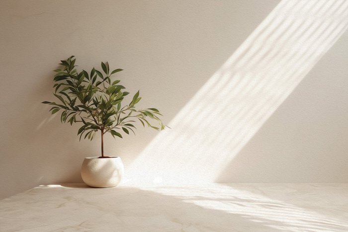 Een groene olijfboom in een beige pot