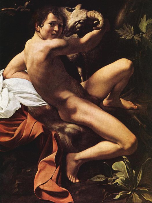 Caravaggio johannes de doper met een lam reproductie