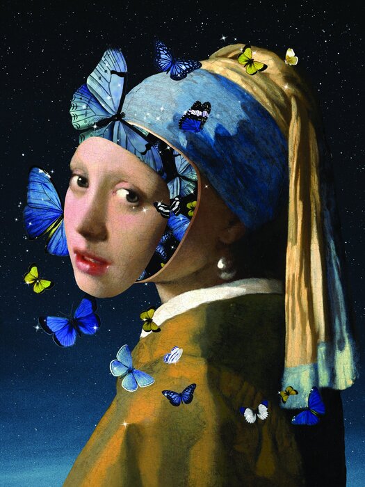 Meisje met de parel in een surrealistische compositie met vlinders