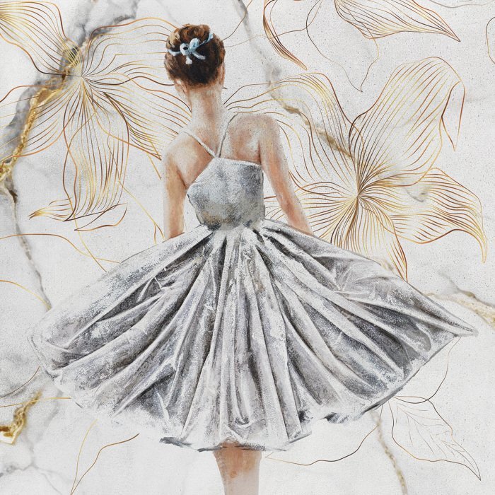 Een portret van een danseres, omringd door gouden bloemen.