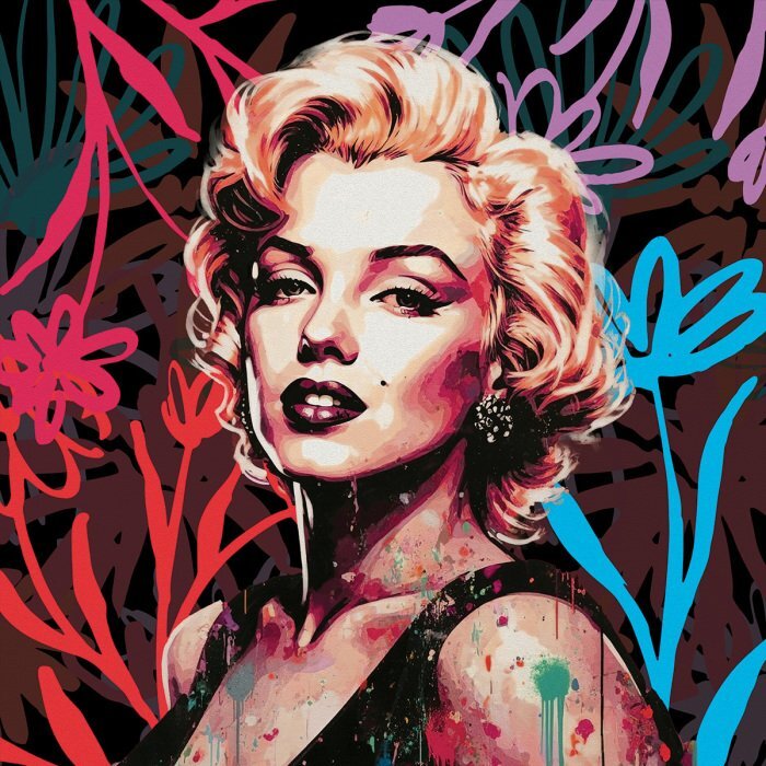 Marilyn monroe met een bloemenachtergrond in schetsstijl