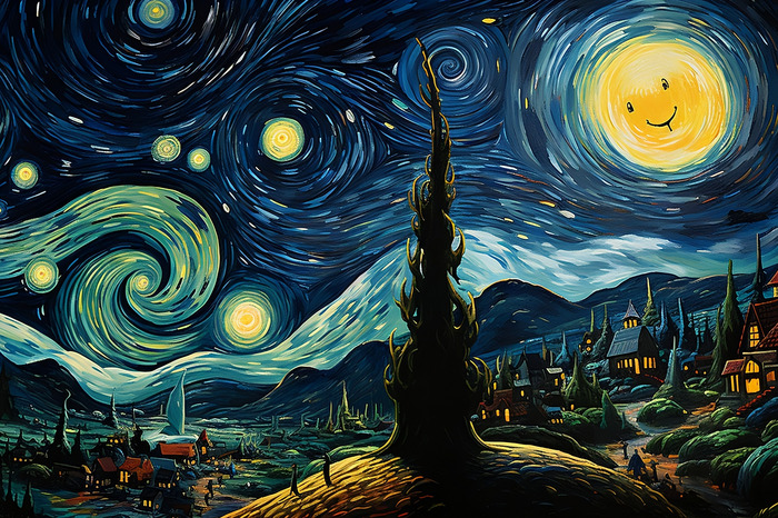 Een sprookjesachtig stadje onder een wervelende hemel