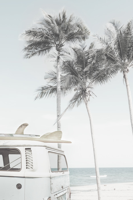 Zomerlandschap met camper en palmbomen