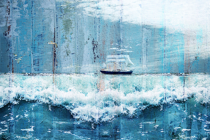 Een geschilderde scène met een zeilschip op zee