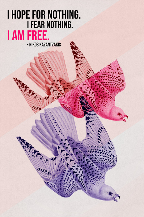 Kleurrijke vogels in vlucht met een slogan over vrijheid