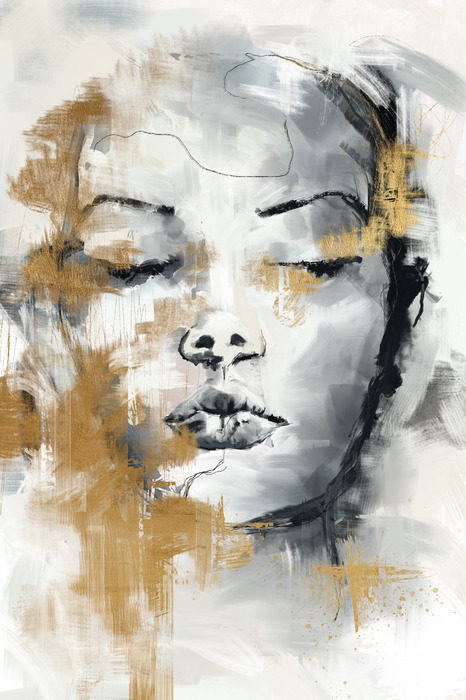 Grijze aquarel van een vrouw met gouden versieringen