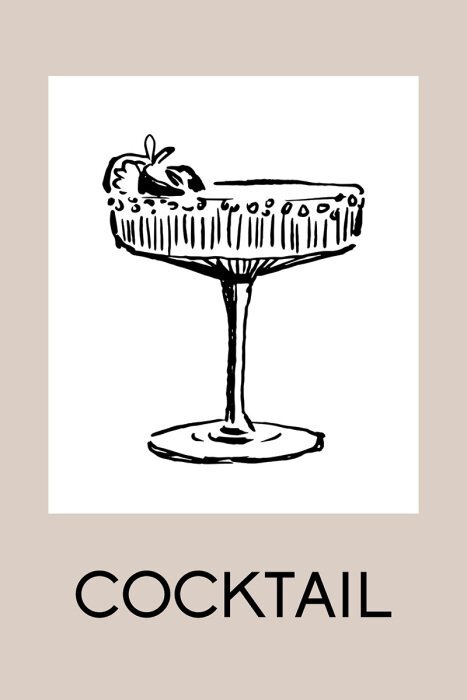 Lineaire schets van een glas met een decoratief opschrift