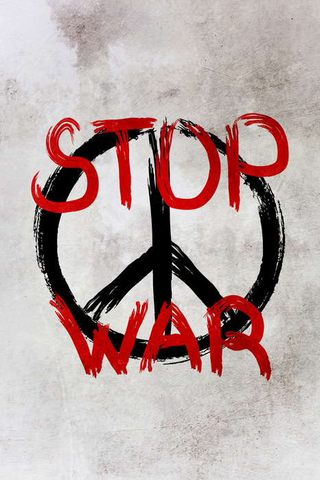Anti-oorlogsafbeelding met een rode slogan