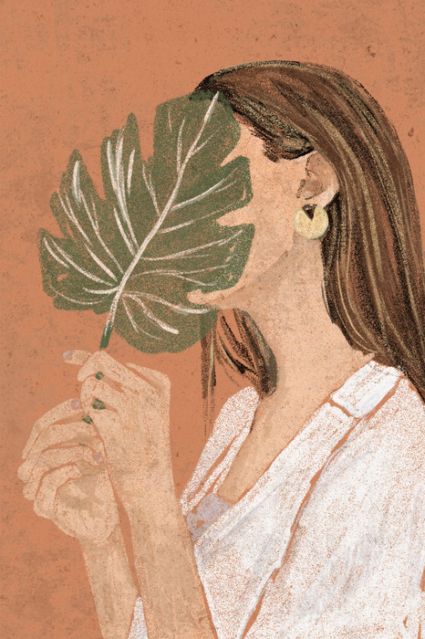 Illustratie van een vrouw met een groen blad