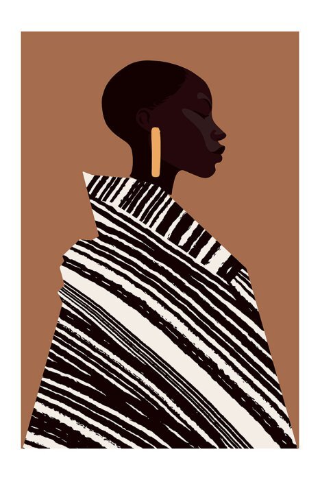 Een modieuze vrouw draagt een gestreepte jas tegen een warme achtergrond