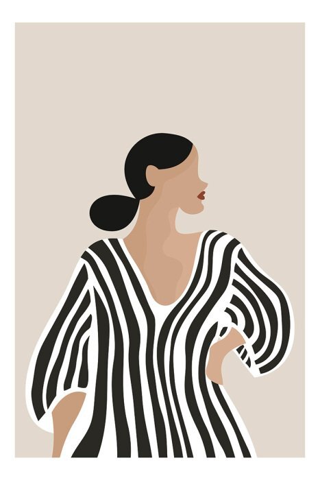 Artistiek silhouet van een vrouw in een geometrisch gestreepte jurk