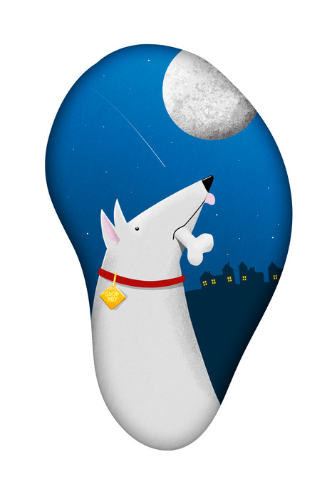 Illustratie van een hond &#39;s nachts met een grote maan