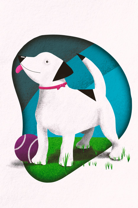 Illustratie van een hond met een paarse bal