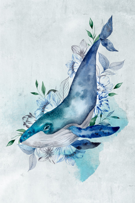 Aquarelillustratie van een walvis in bloemen