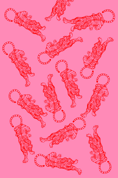 Een herhalend patroon met rode tijgers op een roze achtergrond