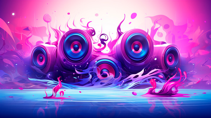 Speakerset met roze en blauwe graphics