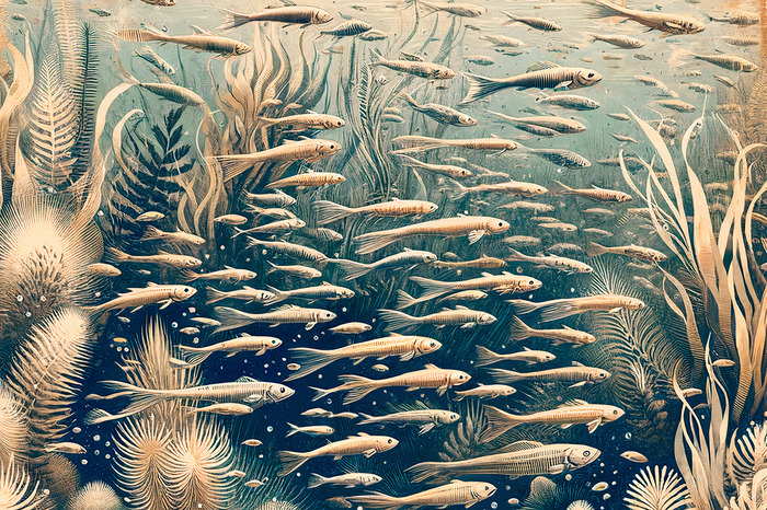 Vissen zwemmen tussen onderwaterplanten