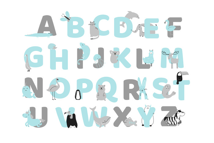 Dieren tussen blauwe en grijze letters