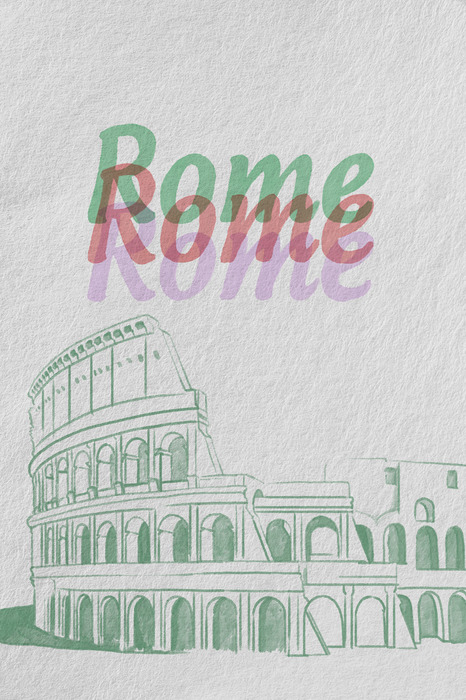 Minimalistische schets van het colosseum met opschrift.