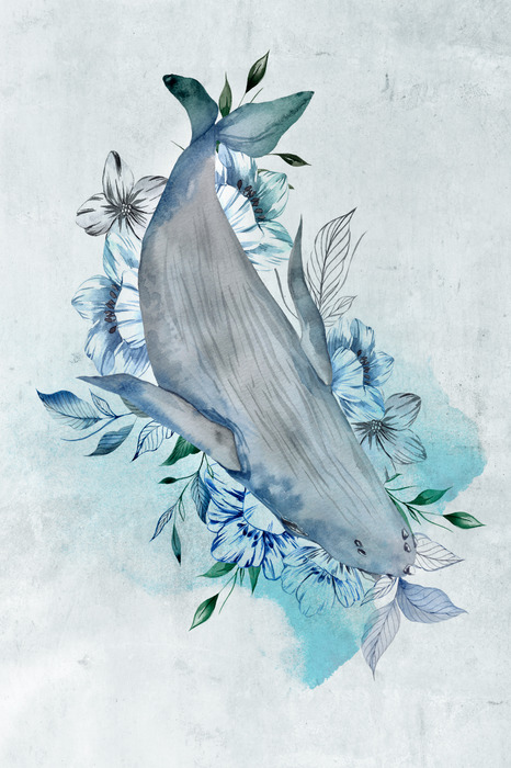 Aquarelcompositie met een walvis en blauwe bloemen