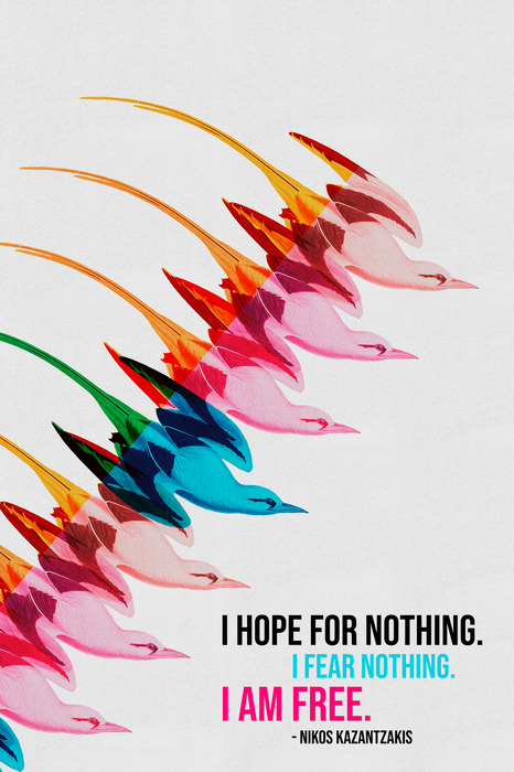 Een citaat van nikos kazantzakis met kleurrijke vogelsilhouetten