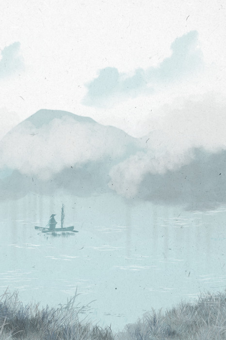 Een delicate illustratie van een boot op een bergmeer