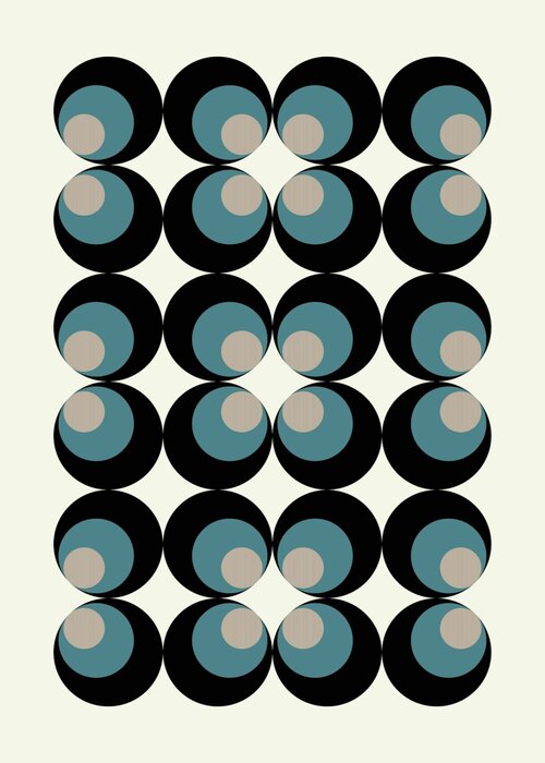 Abstract composition with blue and black circles in bauhaus style