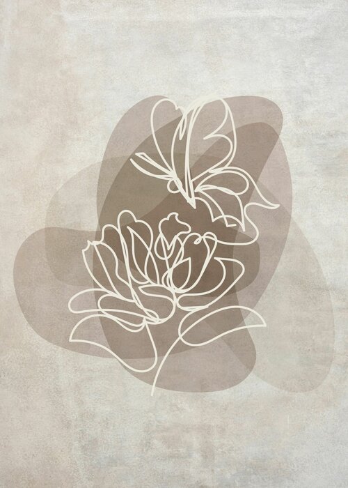 White flowers in lineart style on a watercolor beige background