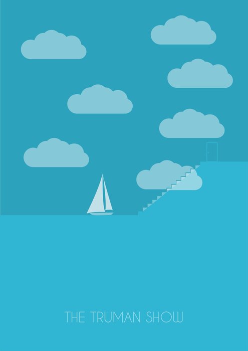 Het opschrift 'the truman show' en een zeilboot tegen de wolken.
