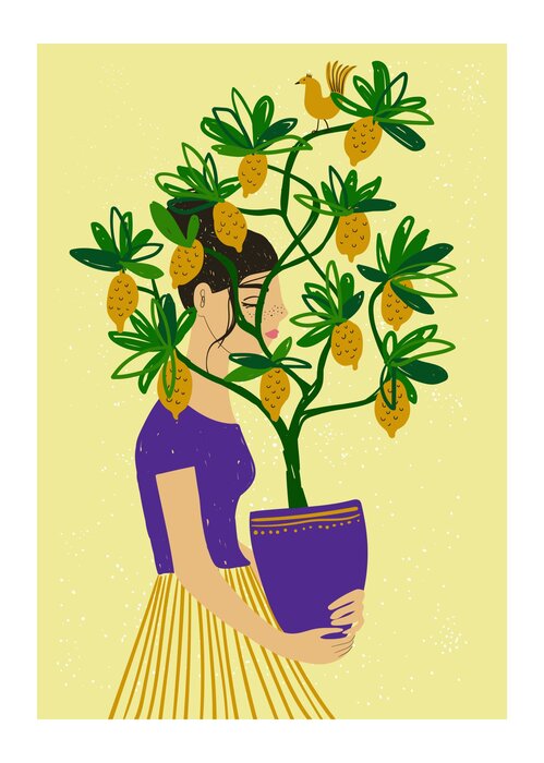 Woman with a lemon tree modern illustration