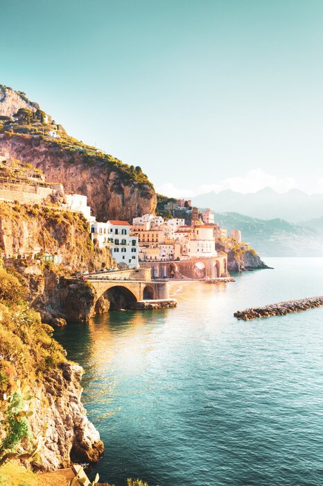 Mountainous amalfi coast landscape with the sea