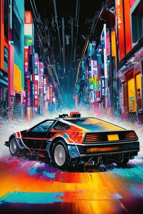 Cartoonauto in een neonstad