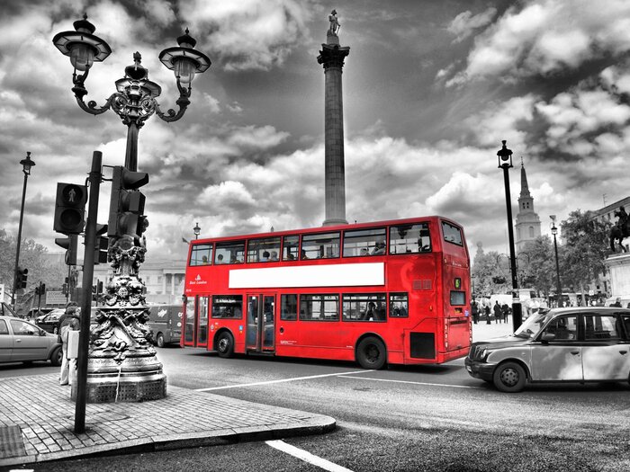 Red bus in london black-and-white photograph