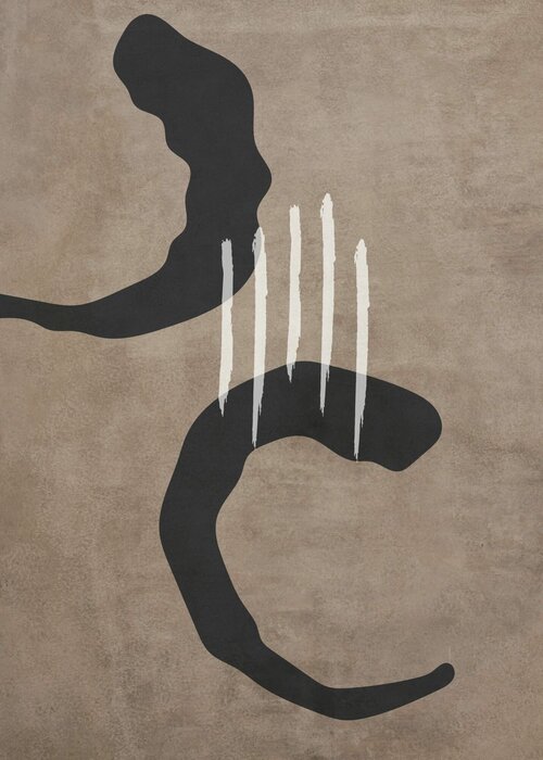 Abstract black and white shapes on a beige background