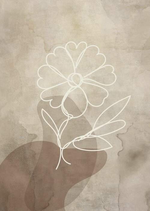 White line art flower on an abstract beige background