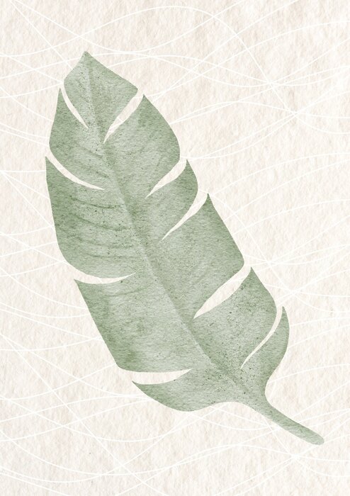 Minimalist green leaf on beige background
