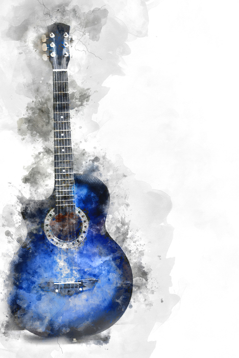 Poster Aquarel blauwe gitaar op een artistieke achtergrond