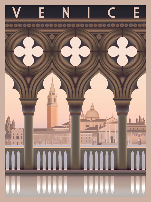 Poster Een compositie in de stijl van een retro ansichtkaart uit Venetië.