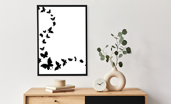 Poster Fliegende Schmetterlinge black & white 