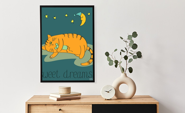 Grafik Maß Kinder Poster mit die Katze Gute-Nacht-Zeit für nach Plüschtier schlafend für